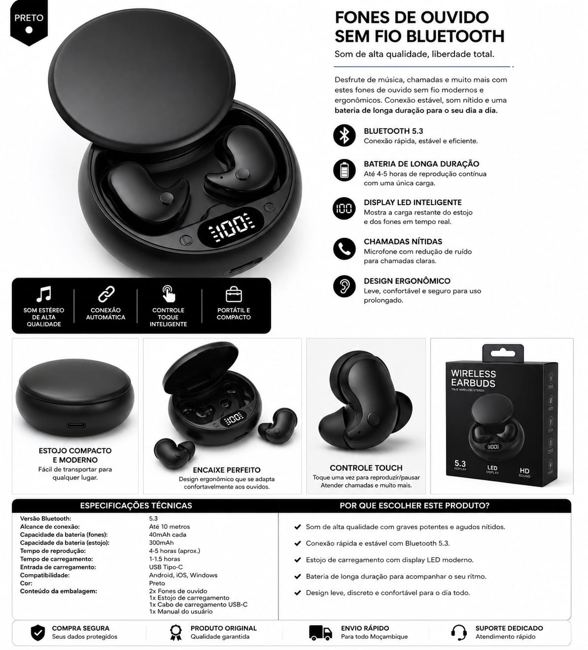 Fones de Ouvido TWS Bluetooth 5.3